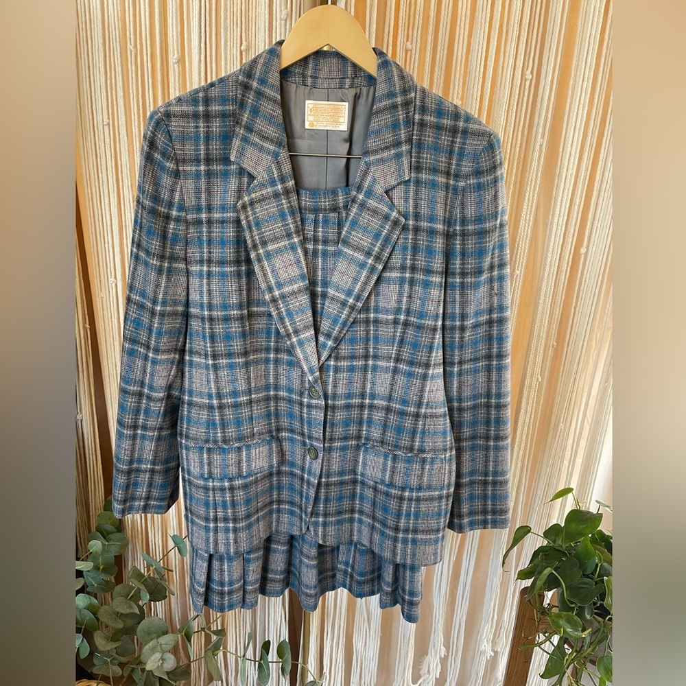 vintage Pendleton wool blazer & pleated skirt suit set in blue & gray plaid - Picture 1 of 16